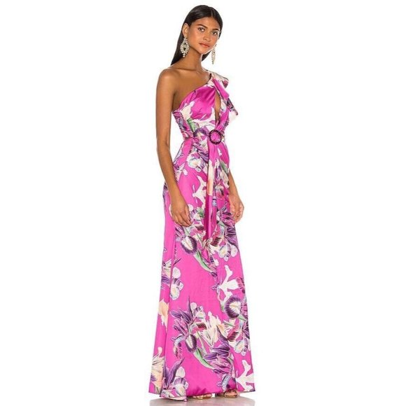 PatBO Grace Print One Shoulder Maxi Dress Fuchsia Pink Floral - Picture 2 of 6